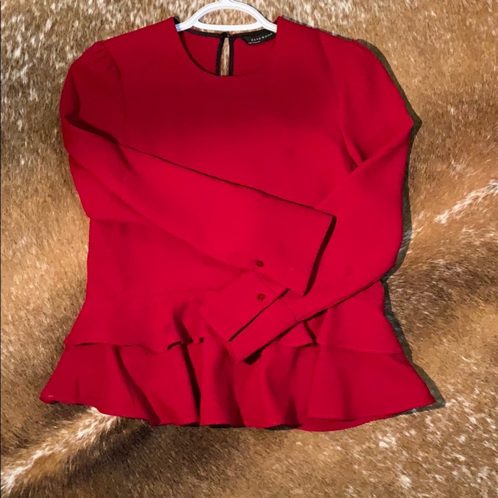 Zara Red Blouse with Ruffled Bottom